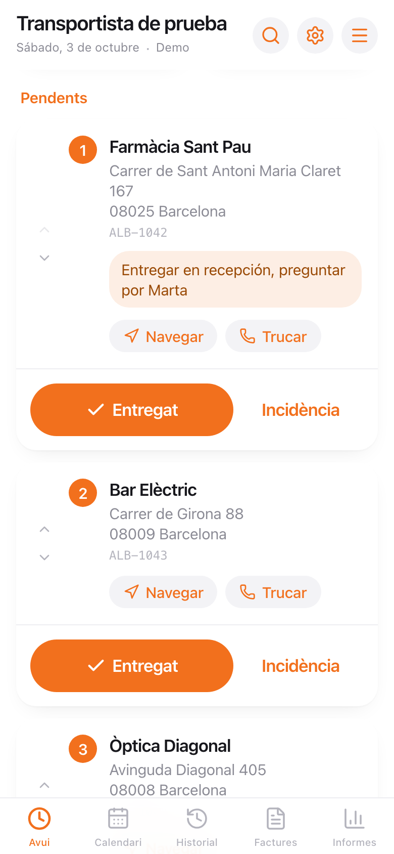 Lista de paradas en orden, con botones de entregado e incidencia
